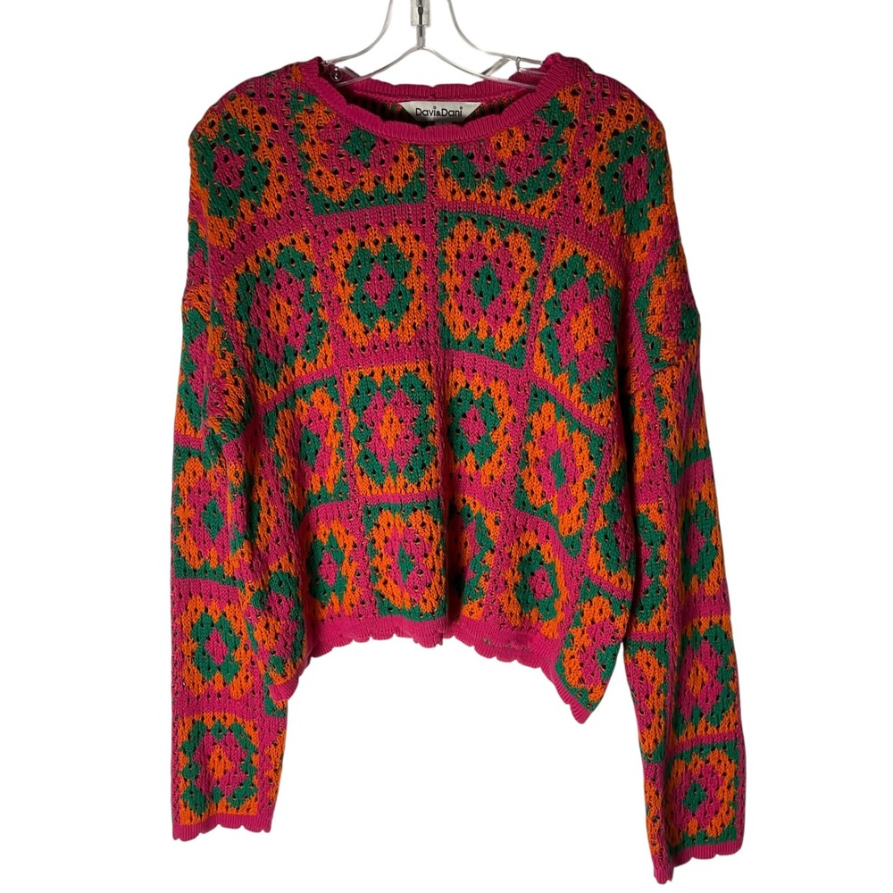 Davi & Dani Granny Square Crochet Knit Sweater Pink Boho Festival Small